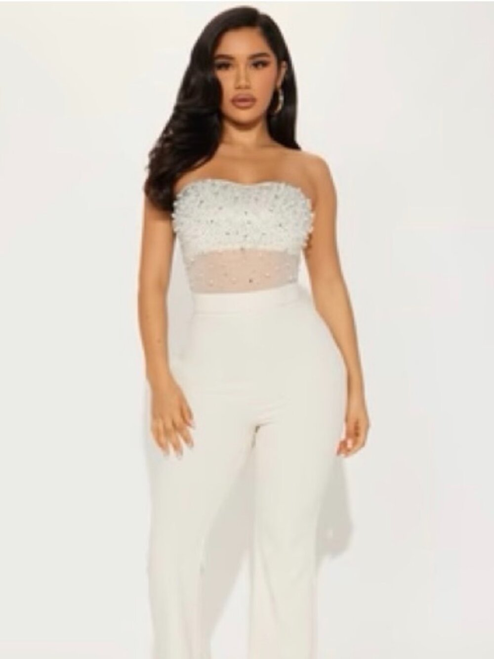 Fashion Nova: Dream Girl Embellished Jumpsuit-Cream